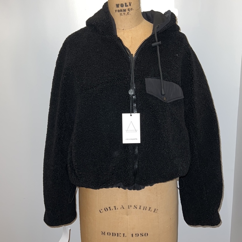 elevenparis Cropped Jacket Fleece Faux Shearling Zip Hoodie Black S NWT